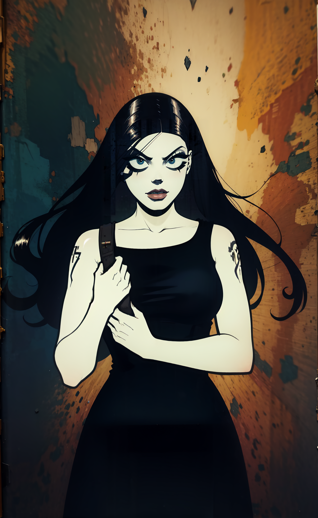 00106-3091768907-white skin, colored skin,( long hair_1.2),woman _lora_nemi_1.0_ ,(black hair_1.2),black dress,cowboy shot, (facing viewer_1.3),.png